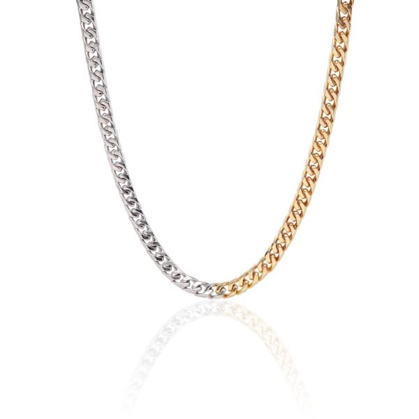 Silver and gold split curb chain necklace on white background with reflection