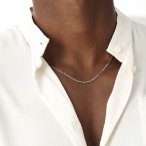 White gold cable link chain necklace styled with white dress shirt