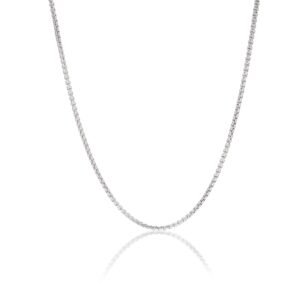 Classic white gold round box chain necklace on white background