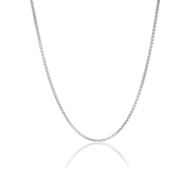 Classic white gold round box chain necklace on white background