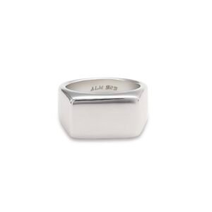 White gold square signet ring with ALM 925 hallmark shown face-forward on white background