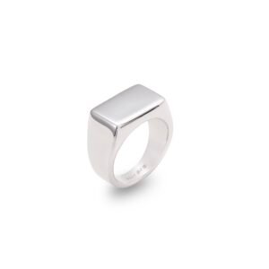 White gold square signet ring shown in profile on white background with ALM 925 hallmark visible