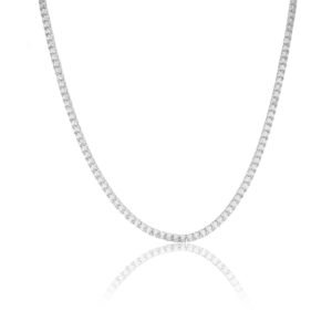 Sterling silver tennis chain with rhodium plating and cubic zirconia stones on white background with reflection