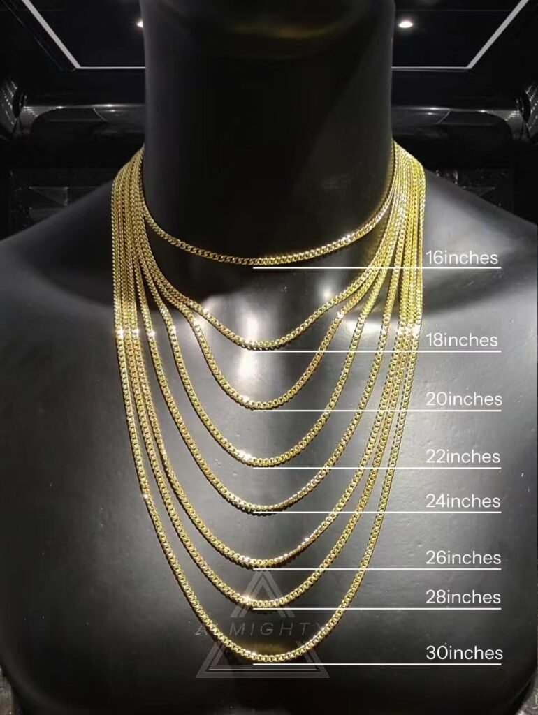 Visual guide showing different gold chain lengths from 16 to 30 inches on black display bust